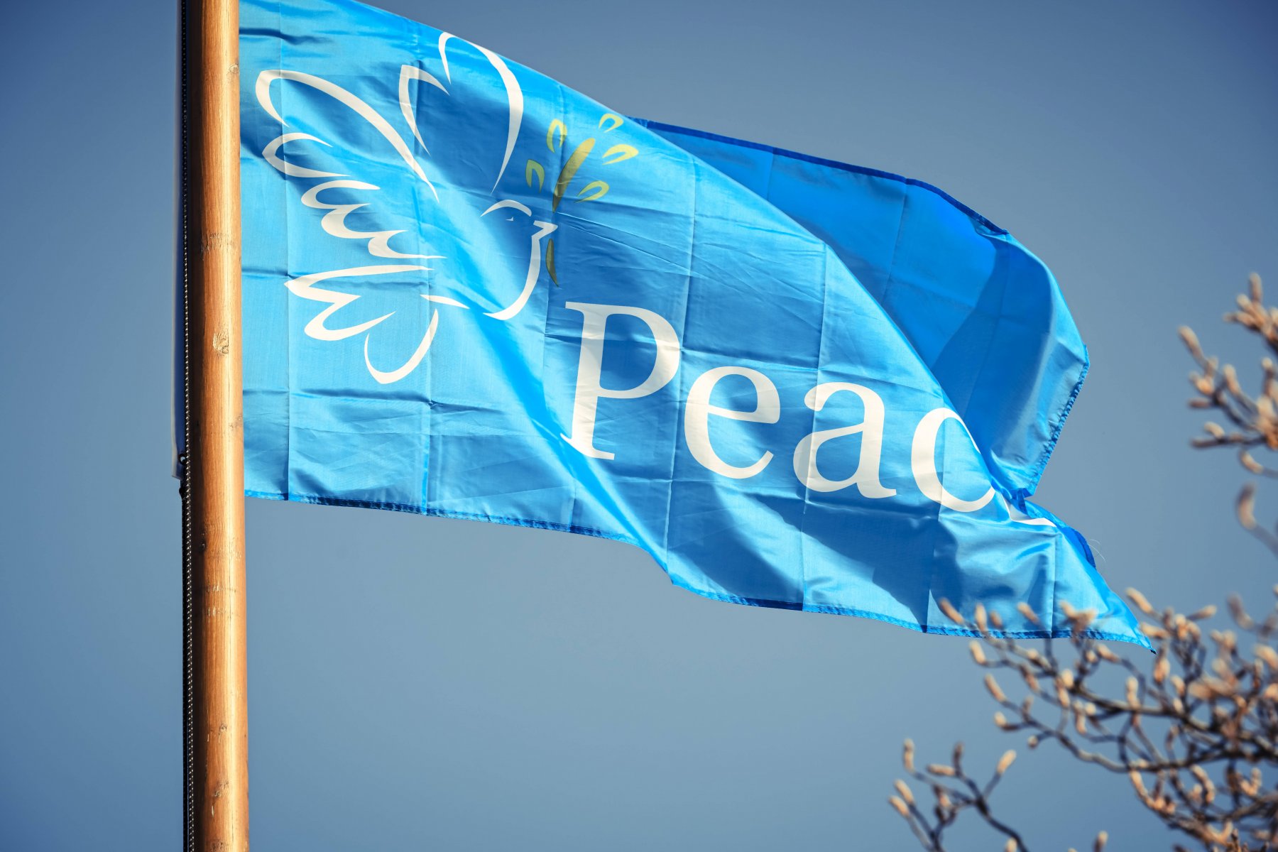 Eine Fahne mit Friedenstaube als Zeichen für den (erhofften) Frieden in Europa.